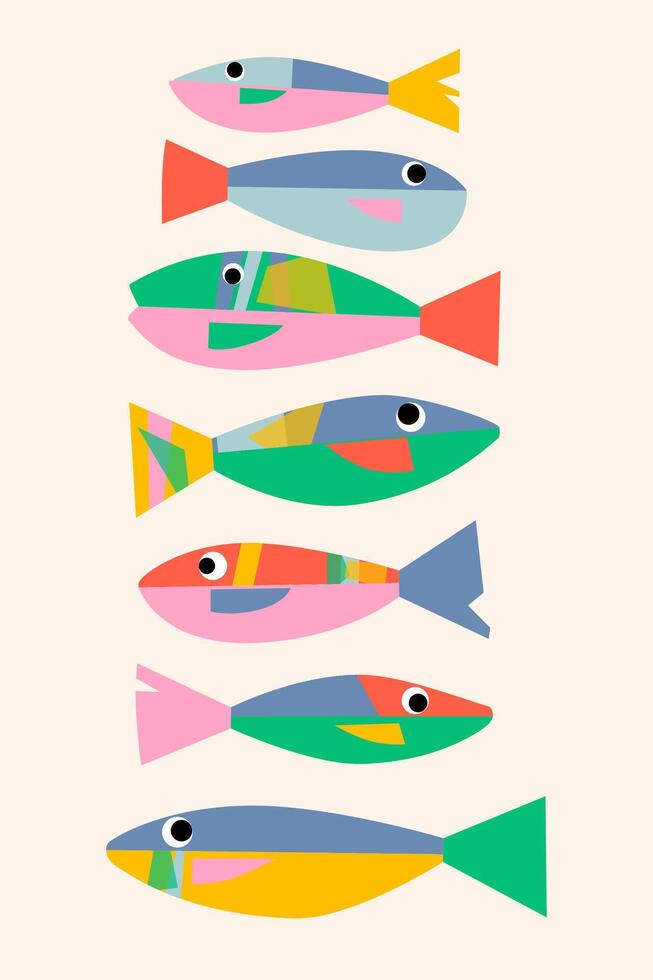 Collection of fun fish in suprematism style. abstract illustration for card, sticker, print and cover vector