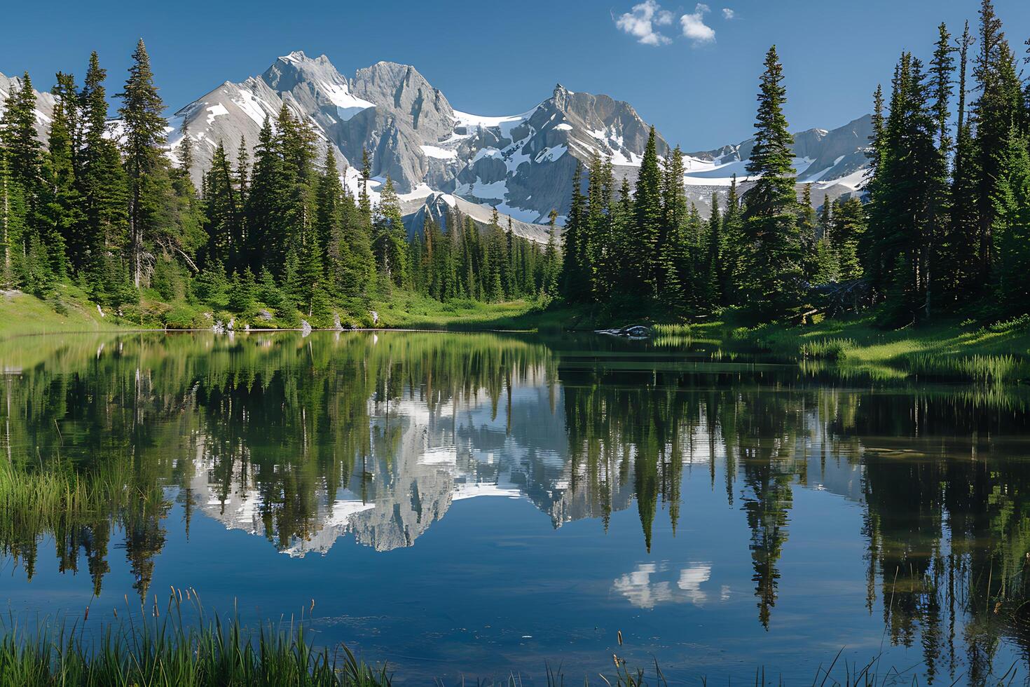 Serene mountain landscape featuring a still lake reflecting snowcapped peaks and lush evergreen fore photo