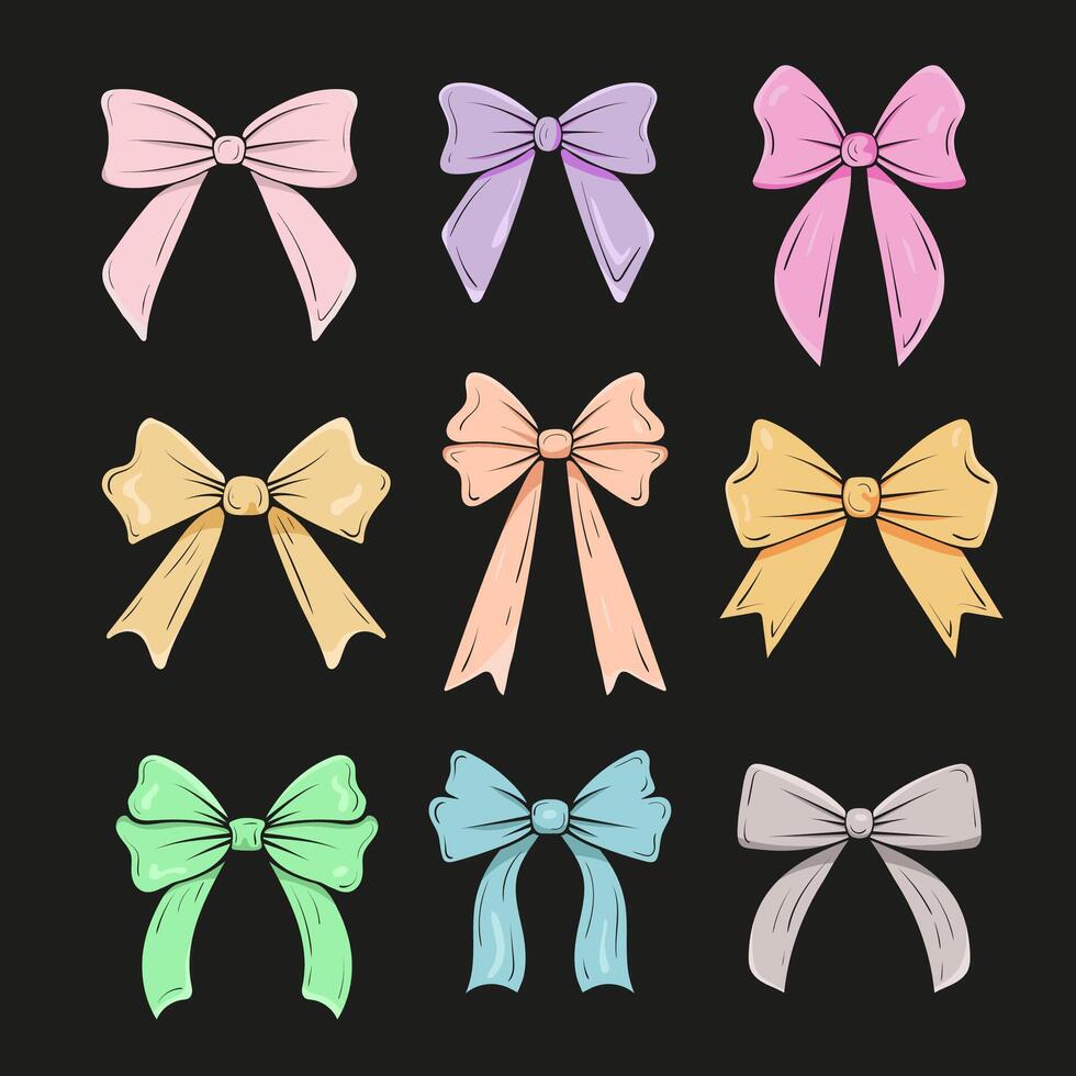 set of hand drawn colorful bows on black background. Collection of bows in a variety of pastel shades with distinctive shape. Cheerful playful bows for decoration, scrapbook. vector