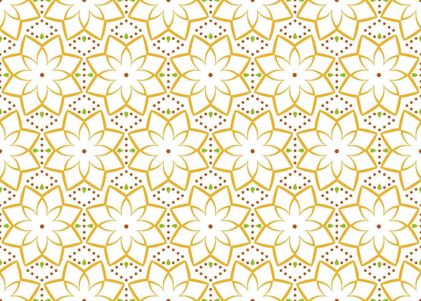 seamless pattern with geometric floral elements. Background with outlined yellow flowers and small dotts. Clean bright summer backdrop for textile, linen, dress. vector