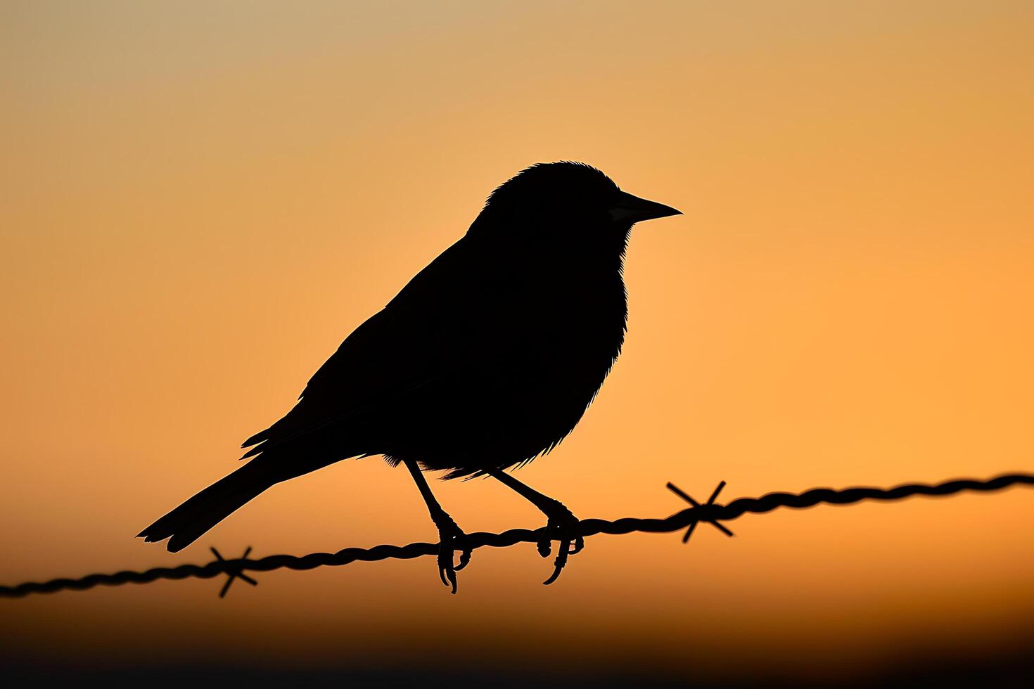 Silhouette of a Bird Perched on Barbed Wire at Sunset a Stunning Avian Capture photo