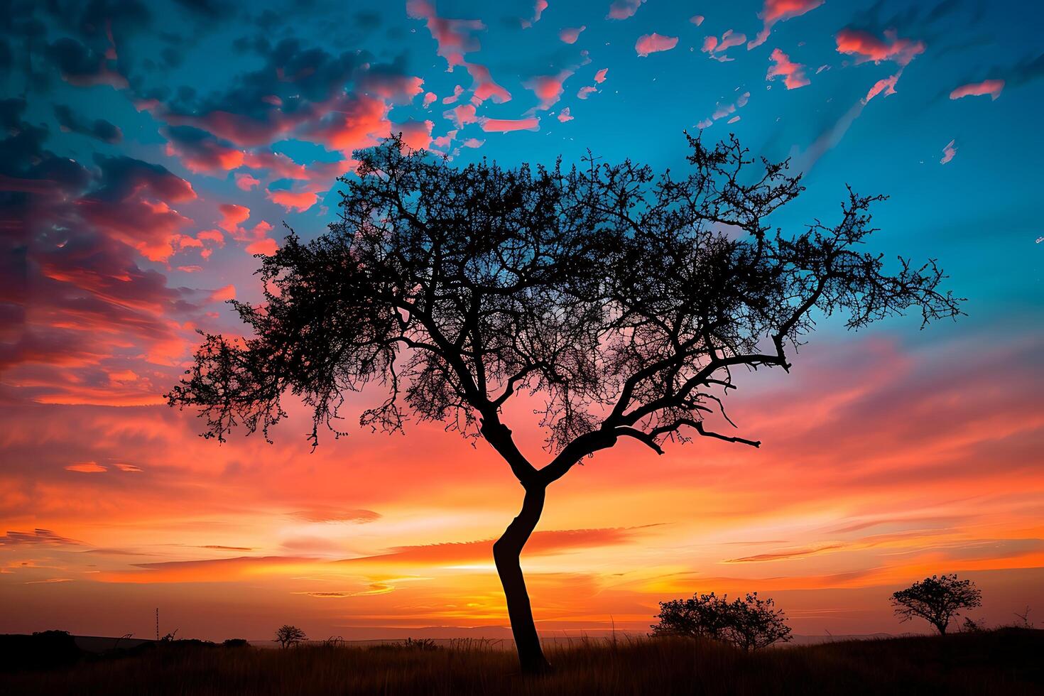 Silhouette of a majestic tree against a vibrant and colorful sunset sky creating a captivating and photo