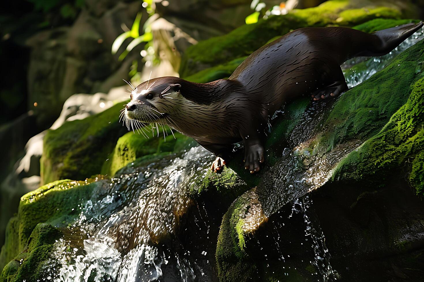 A Playful Otter Gracefully Navigating Mossy Rocks Near a Rushing Waterfall photo