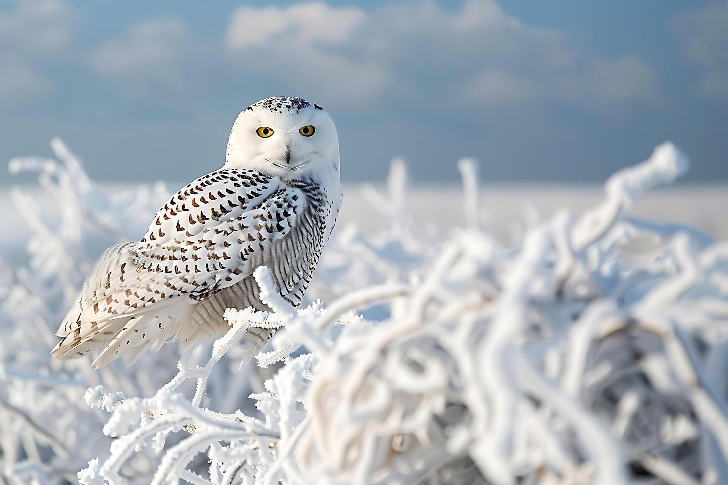 Majestic Snowy Owl Perched on a FrostCovered Branch in a Winter Wonderland photo