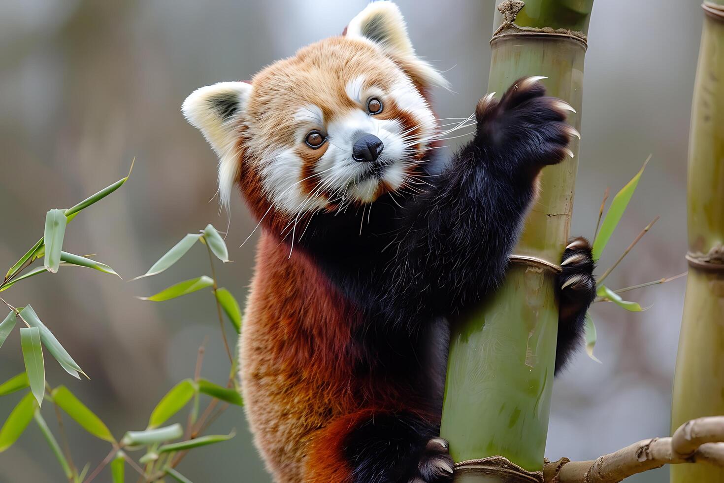 Adorable Red Panda with Captivating Gaze Holds Tightly onto a Vibrant Green Bamboo Stalk in Its Natu photo