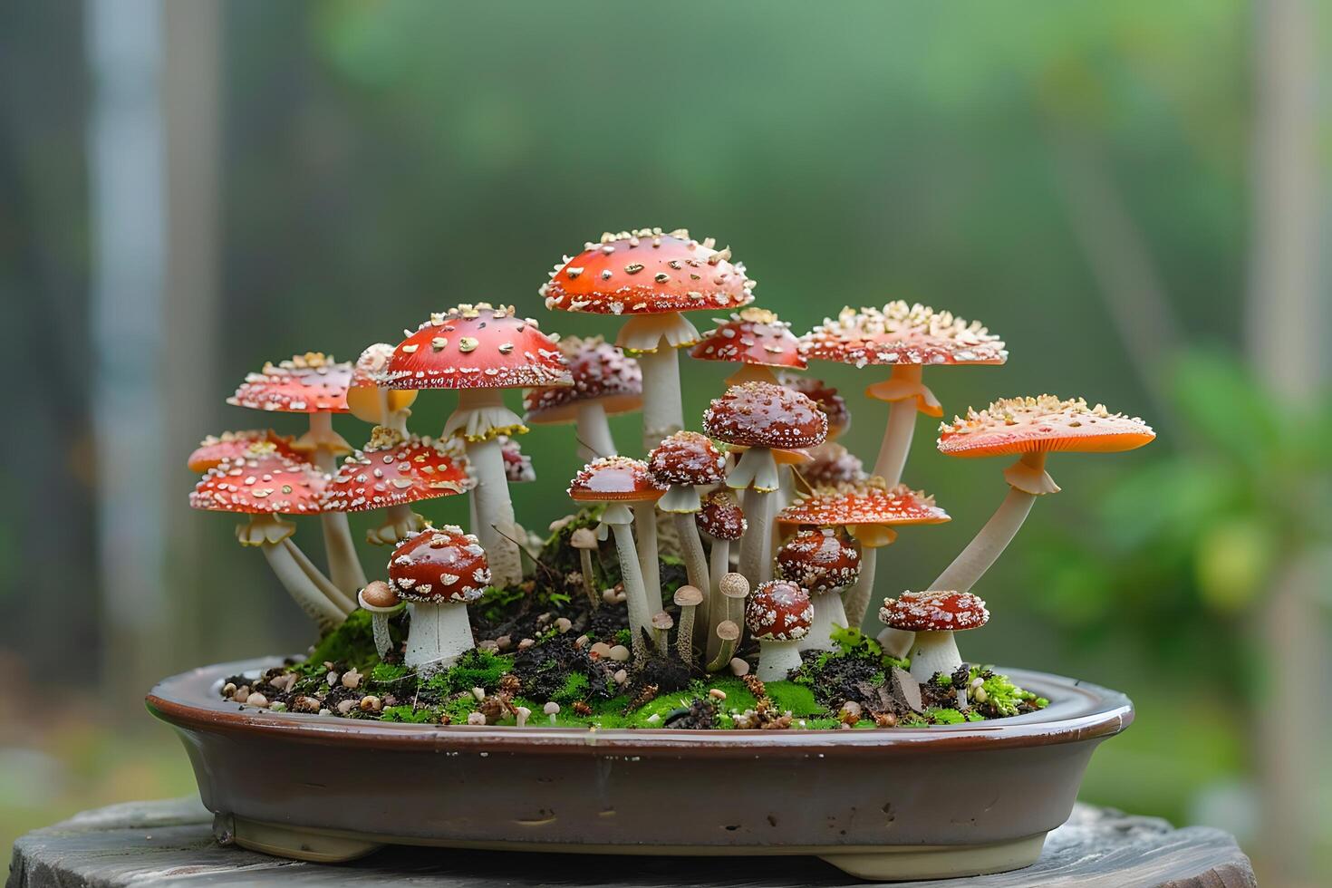 Charming Fly Agaric Mushroom Bonsai Arrangement Showcasing Vibrant Red and White Colors photo