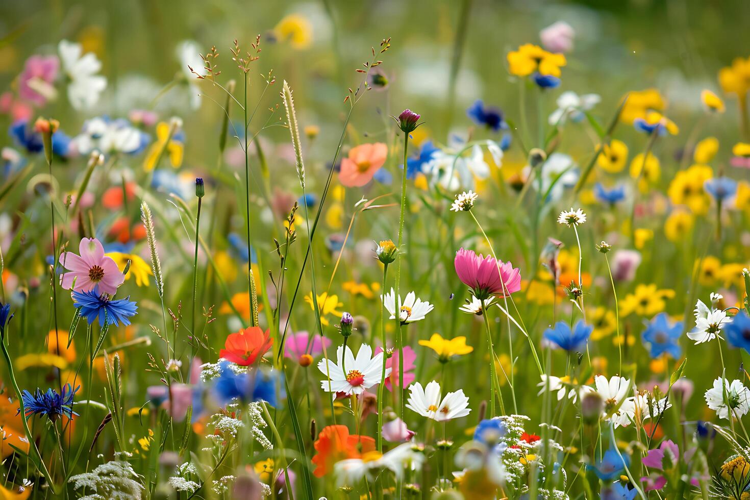A vibrant meadow ablaze with a multitude of colorful wildflowers dancing in the gentle breeze captu photo