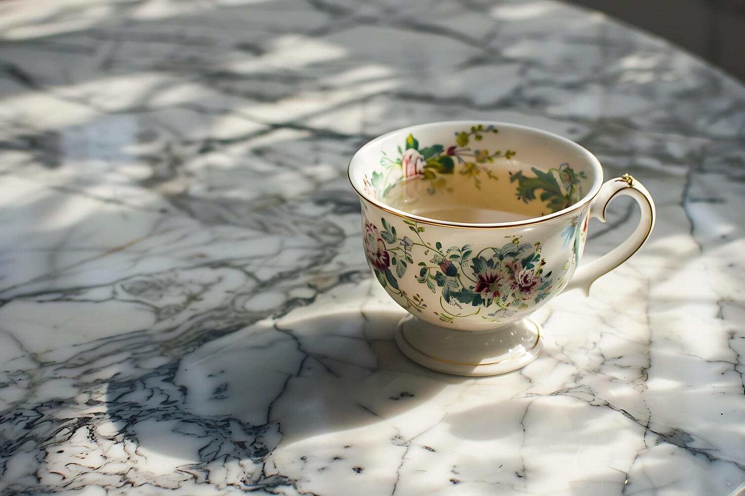 A Delicate Floral Teacup Resting on a Marble Surface Bathed in Sunlight photo