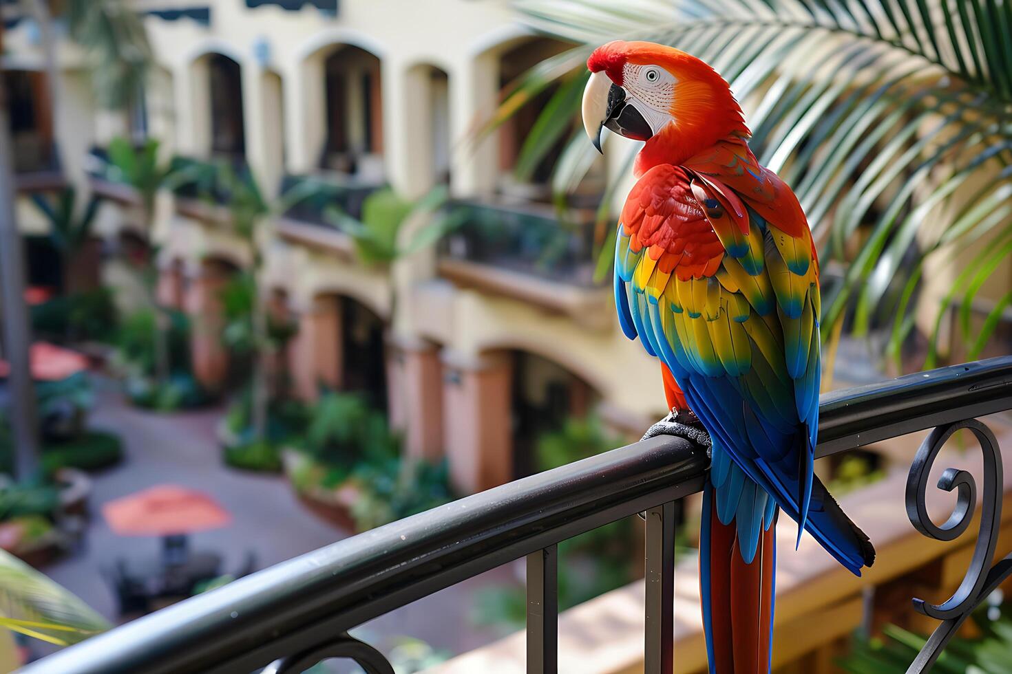 A Vibrant Scarlet Macaw Perched on a Balconies Railing Overlooking a Lush Courtyard photo