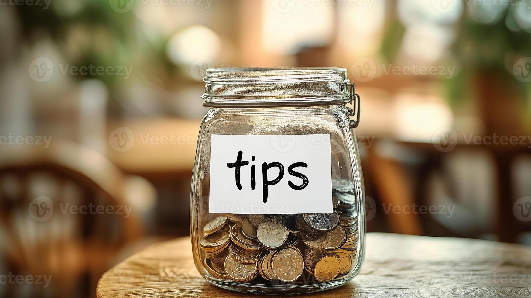 Tip jar of a cafe or restaurant filled with coins photo