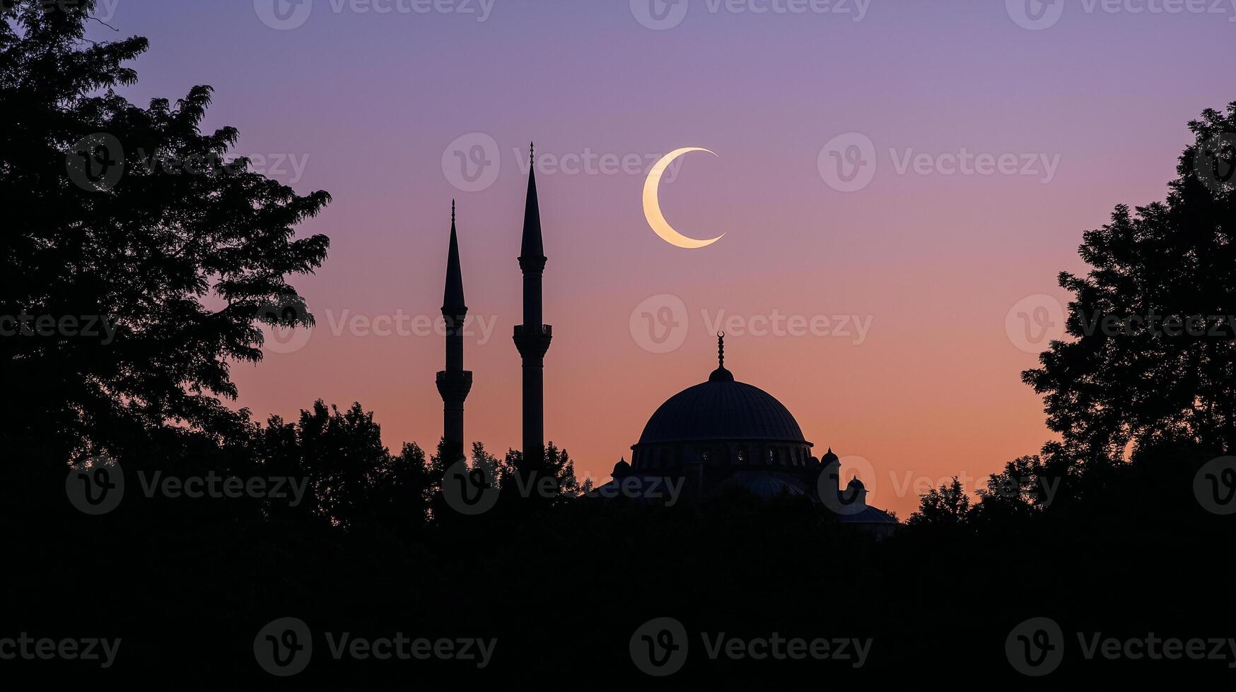 Ramadan or islamic concept image. Mosque with crescent moon on the sky photo
