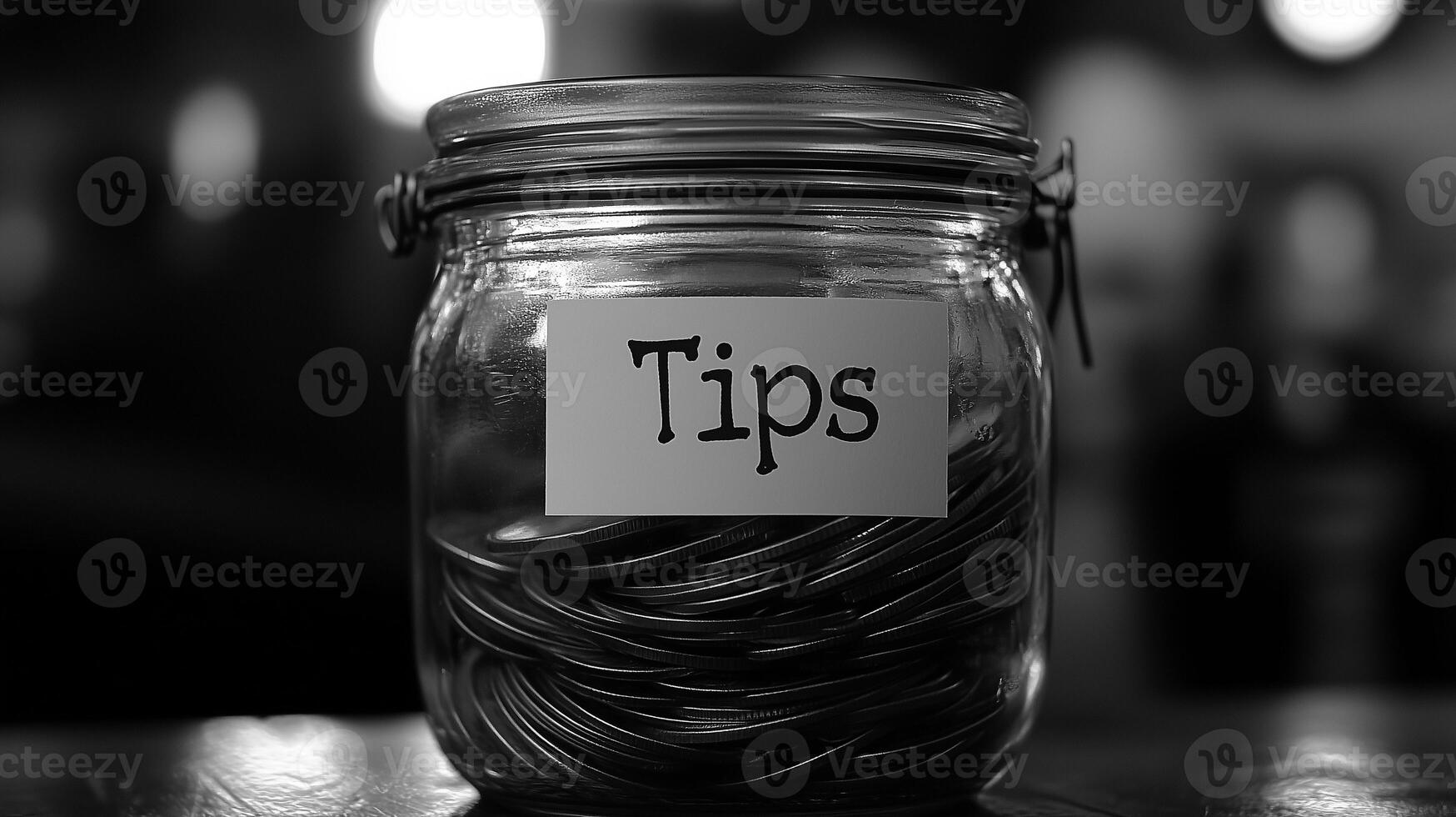 Glass tip jar filled with coins on a wooden table in focus photo