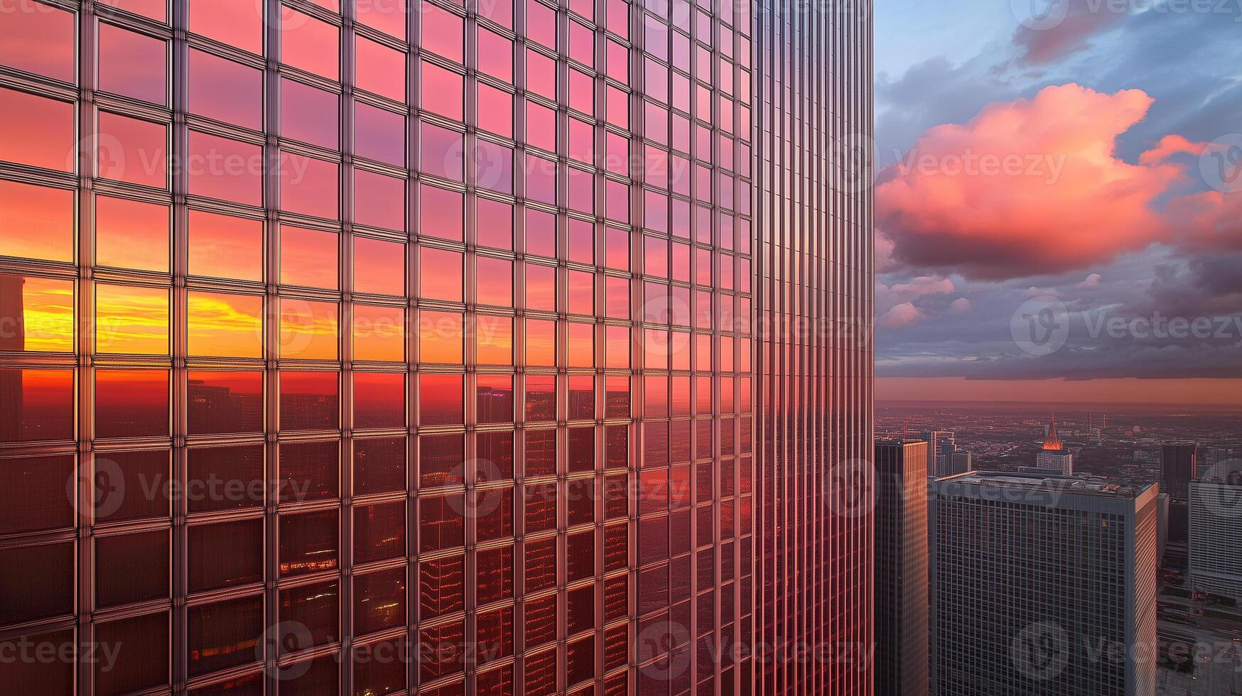 Dramatic sunset reflected on the skyscraper windows. Modern architecture photo