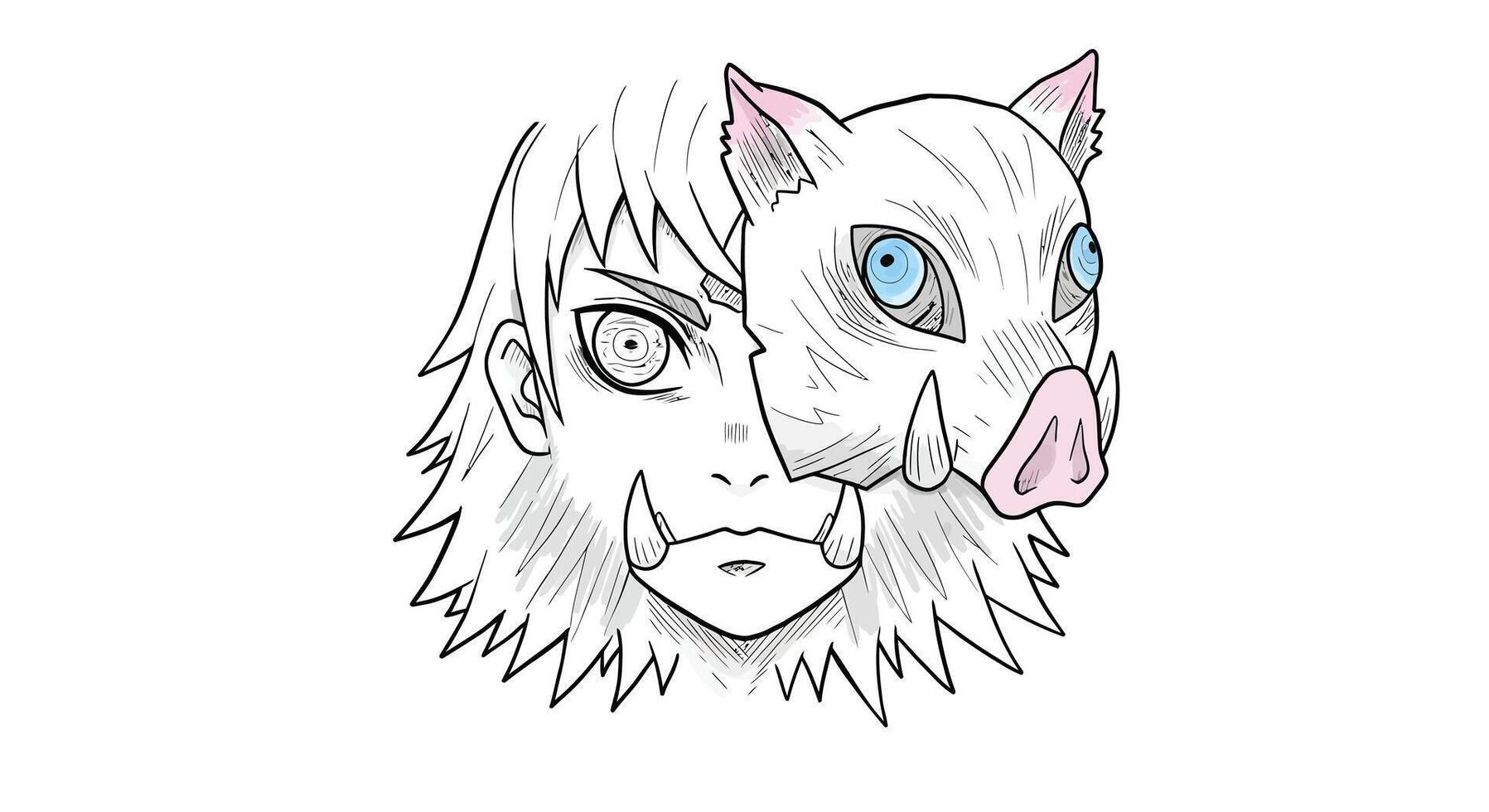 Coloring Page Featuring Inosuke Hashibira Wearing His Boar Mask, Focusing on the Details of the Mask vector