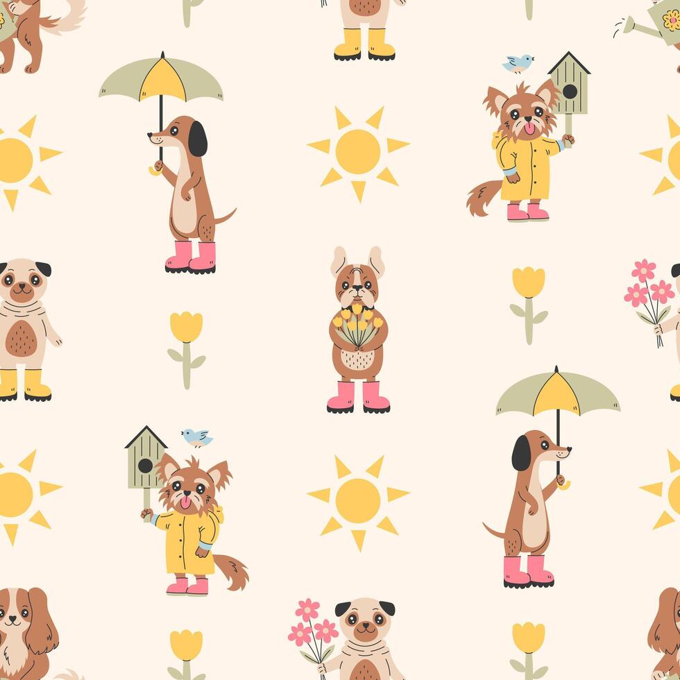 Spring Dog Seamless Pattern vector