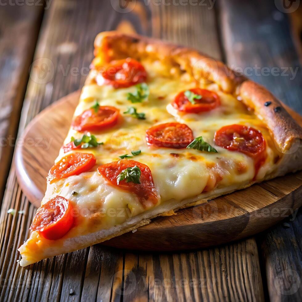 A slice of pizza on a wooden table photo