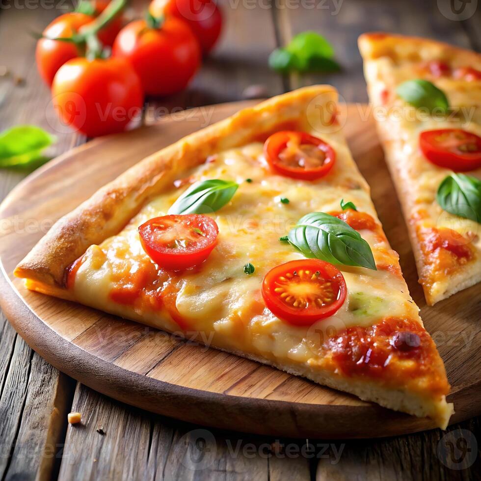 Two slices of pizza with tomatoes and basil on a wooden board photo