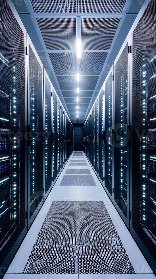 Inside of a datacenter in vertical view. Cloud server concept photo