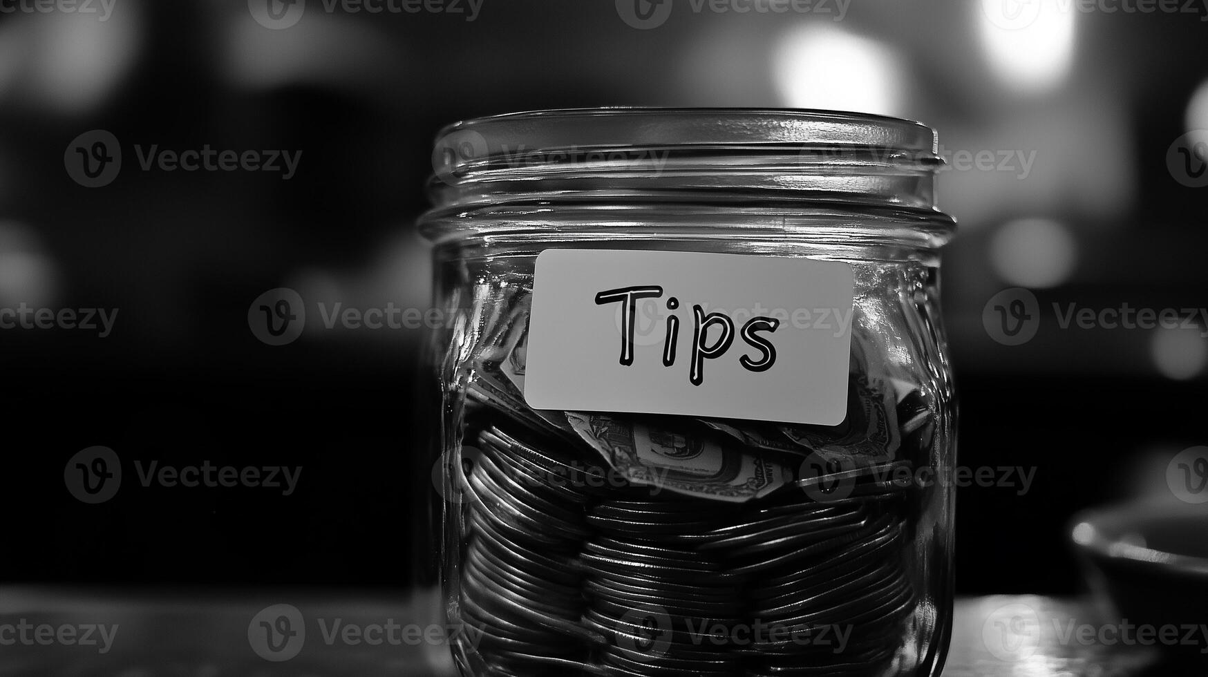 Glass tip jar with full of coins in black and white image. photo