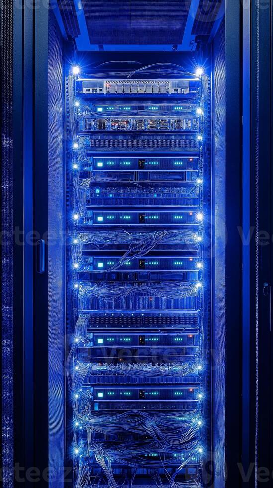 Datacenter computers with cables and blue lights. Cloud computing photo