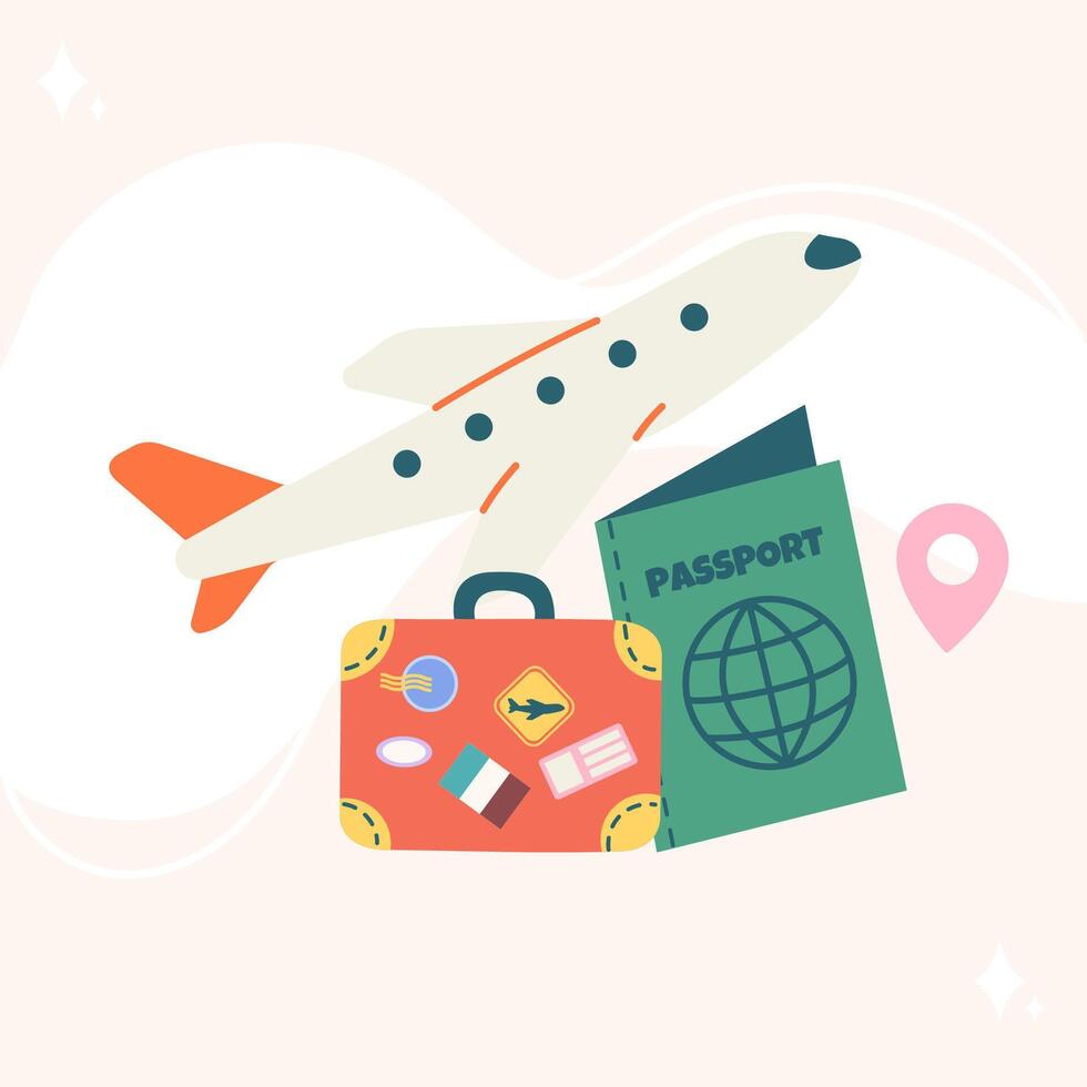 Flat background with different travel elements hand drawn vector