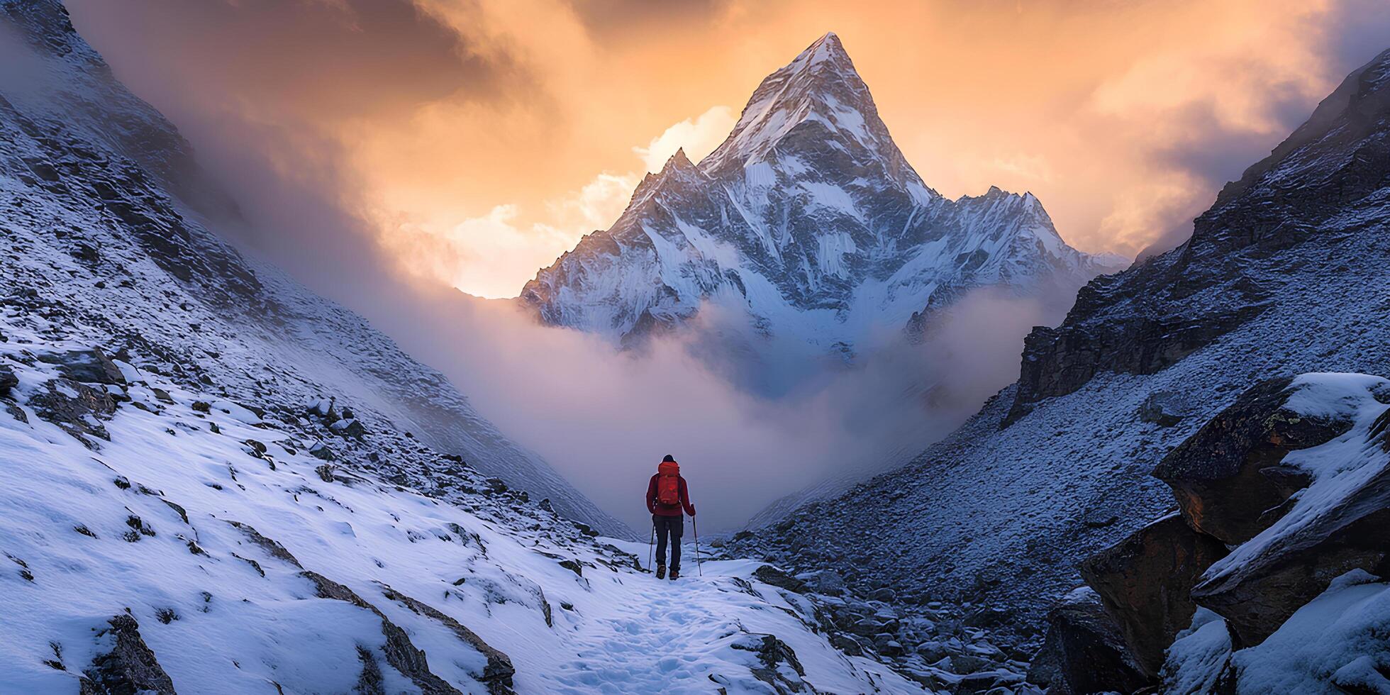 A person standing on a path in the snow photo