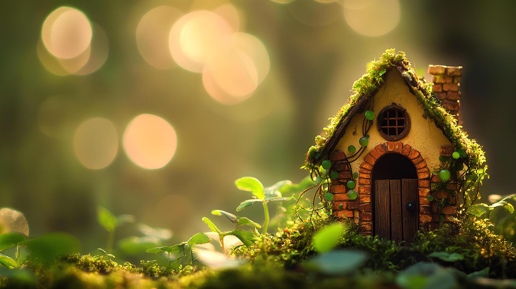 A miniature house is sitting in the grass photo