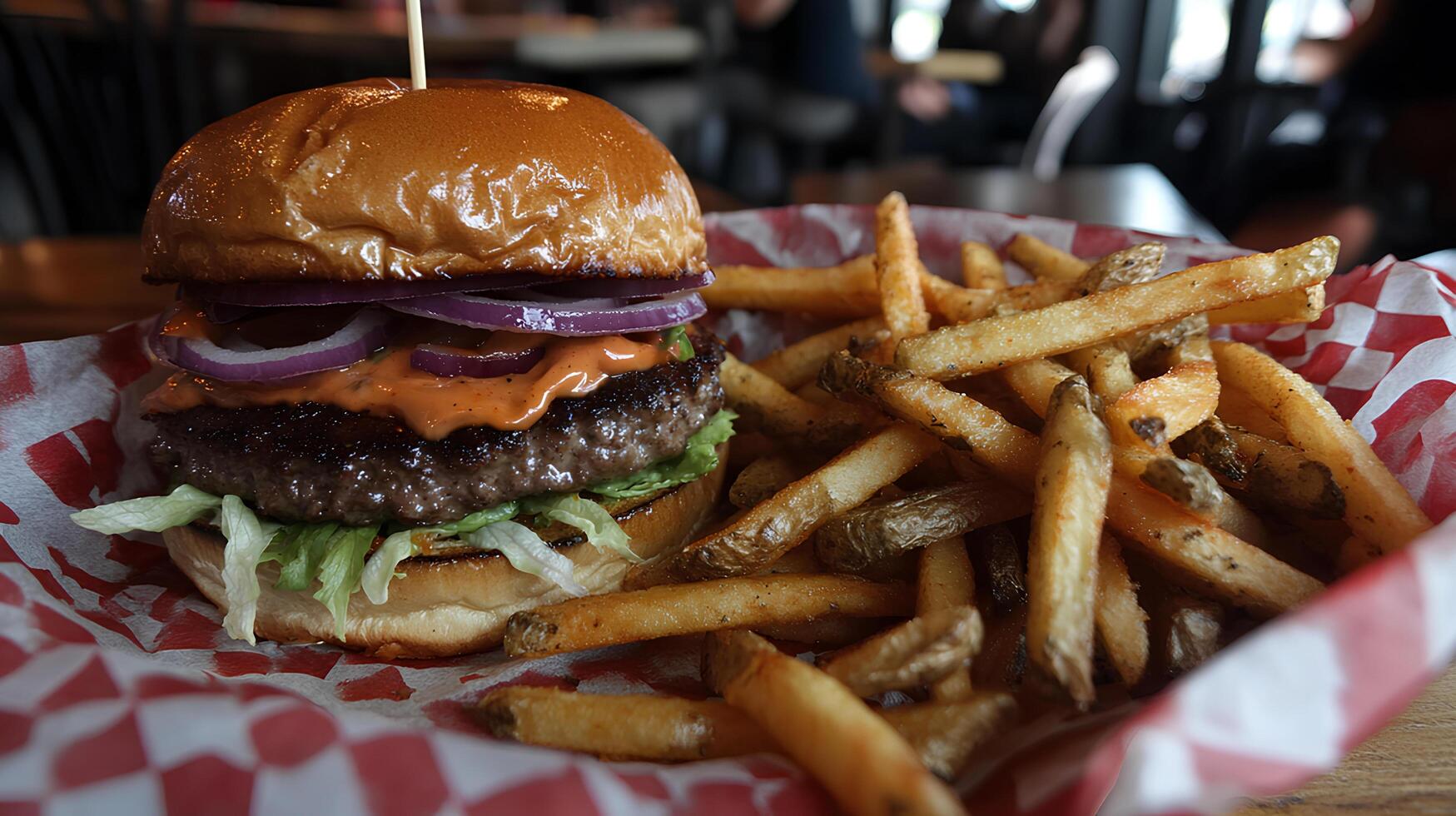 A hamburger and french fries on a paper plate photo