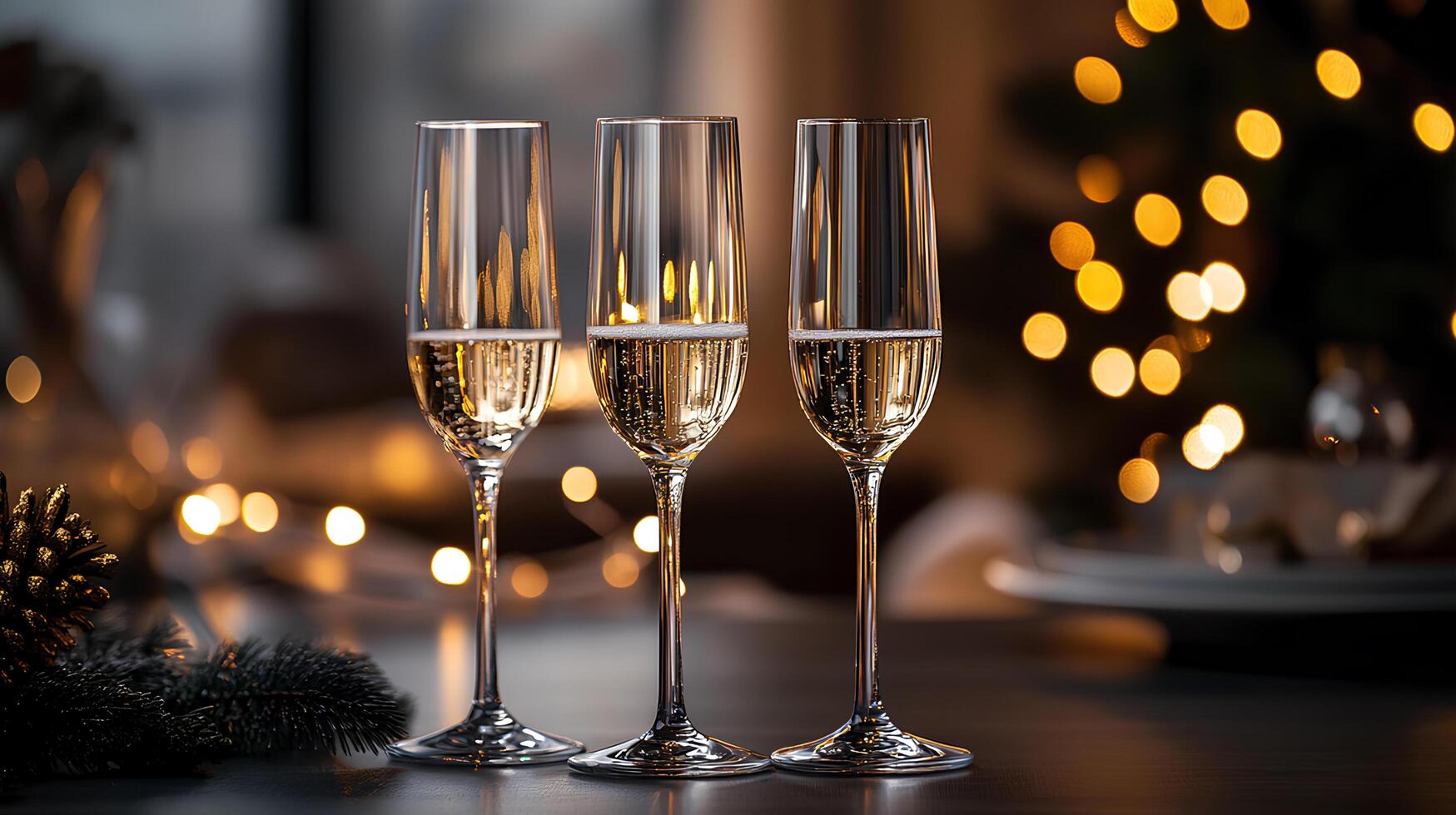Three champagne flutes sit on a table in front of a christmas tree photo