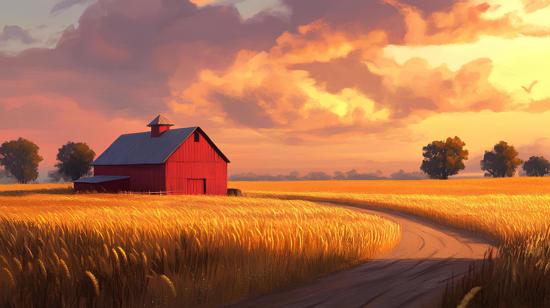 A painting of a red barn in a field photo