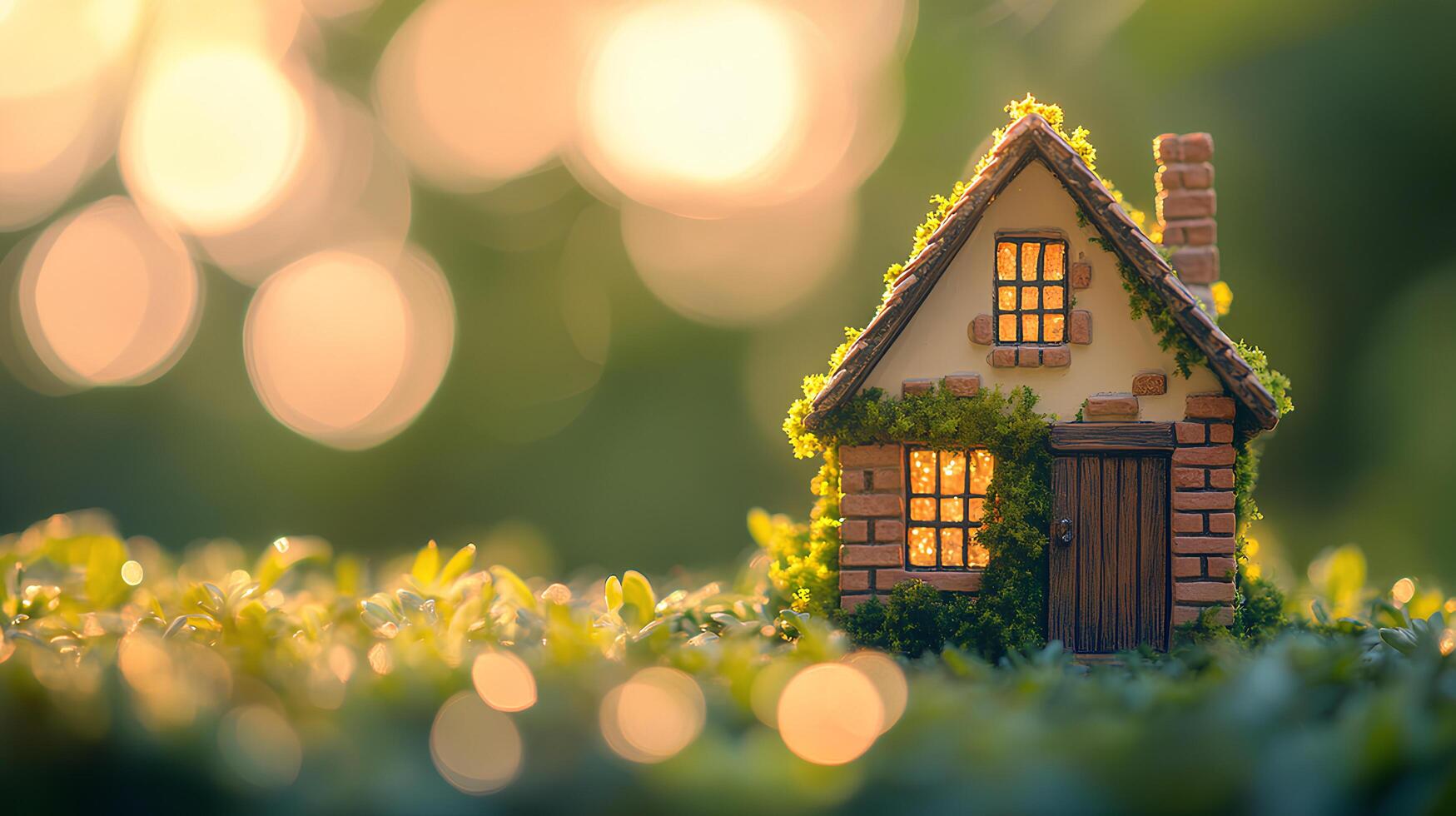 A miniature house is sitting on top of a green field photo
