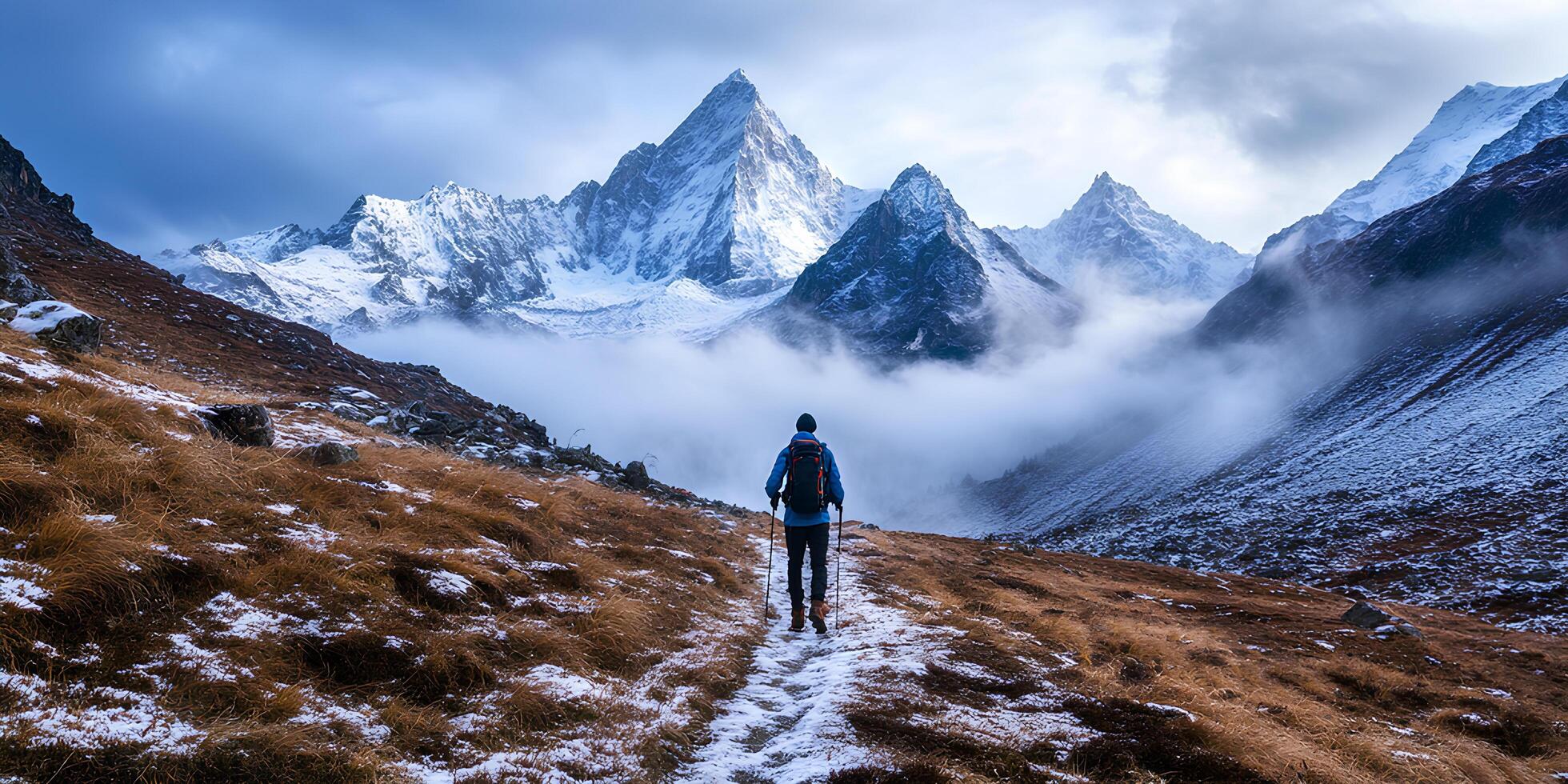 A man is walking up a mountain trail with snow covered mountains in the background photo