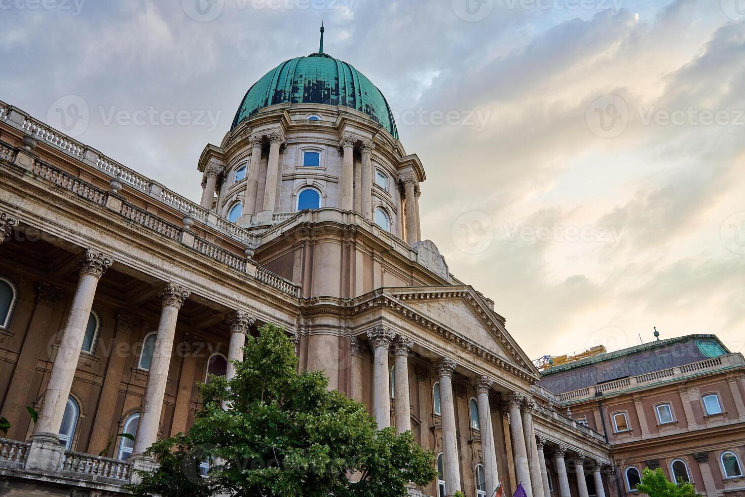 Historic Buda Castle with green dome and ornate columns in Budapest. Architectural landmark of cultural heritage in Hungary photo