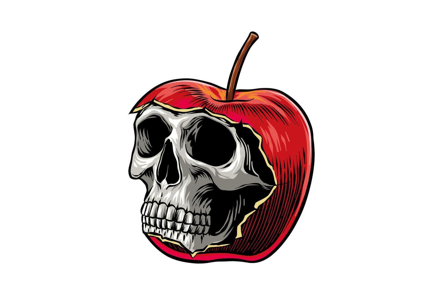 illustration of apple with skull inside, hand drawn vector