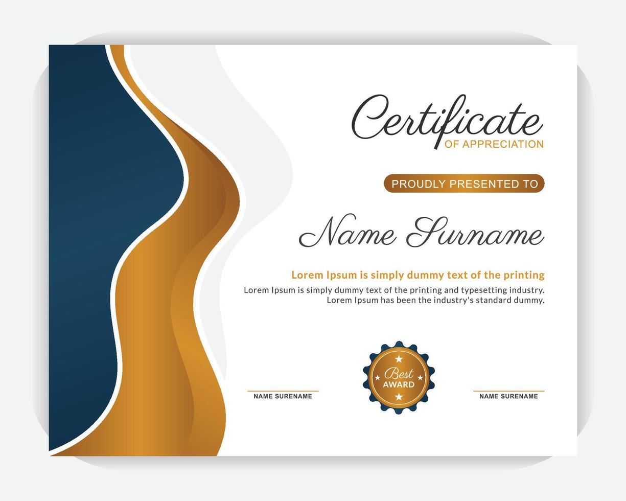 Creative idea Golden color and dark blue color Appreciation and Achievement Certificate Template Design. Creative, modern, abstract, stylish certificate design. Modern design and modern background vector