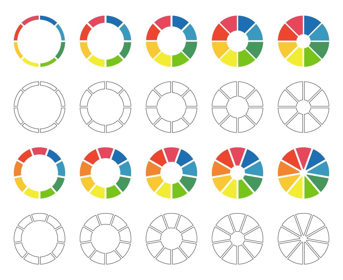 Donut charts, pies segmented on 8, 9 equal parts. Wheels divided in eight, nine sections. Set of diagrams infographic multicolored. Circle section graph. Pizza chart icons. Round loading bar mockups. vector