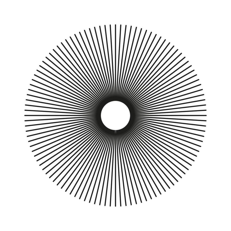 Radial circle lines template. Circular lines modern element. Symbol of Sun star rays. Flat design trendy element. Spokes with radiating stripes simple icon. Abstract illusion geometric shape sticker. vector