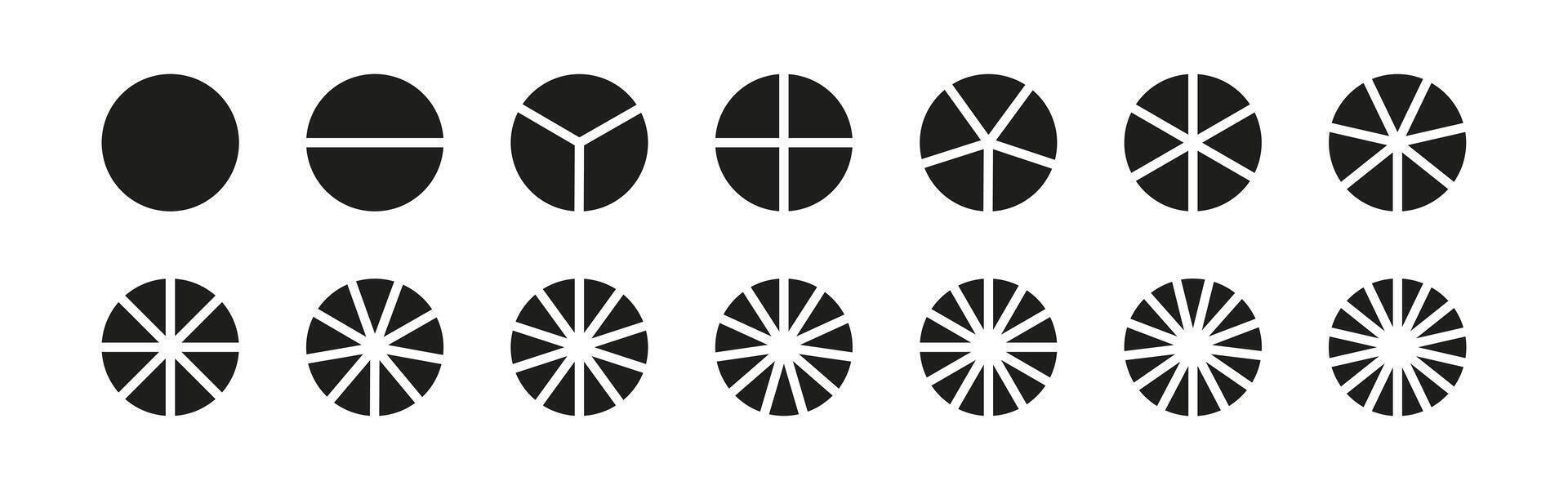 Circle division on 1 to 14 equal parts. Wheel round divided diagrams with segments. Infographic set. Coaching blank. Pie chart template. Segmented charts. Pizza charts icons. Segments infographic. vector
