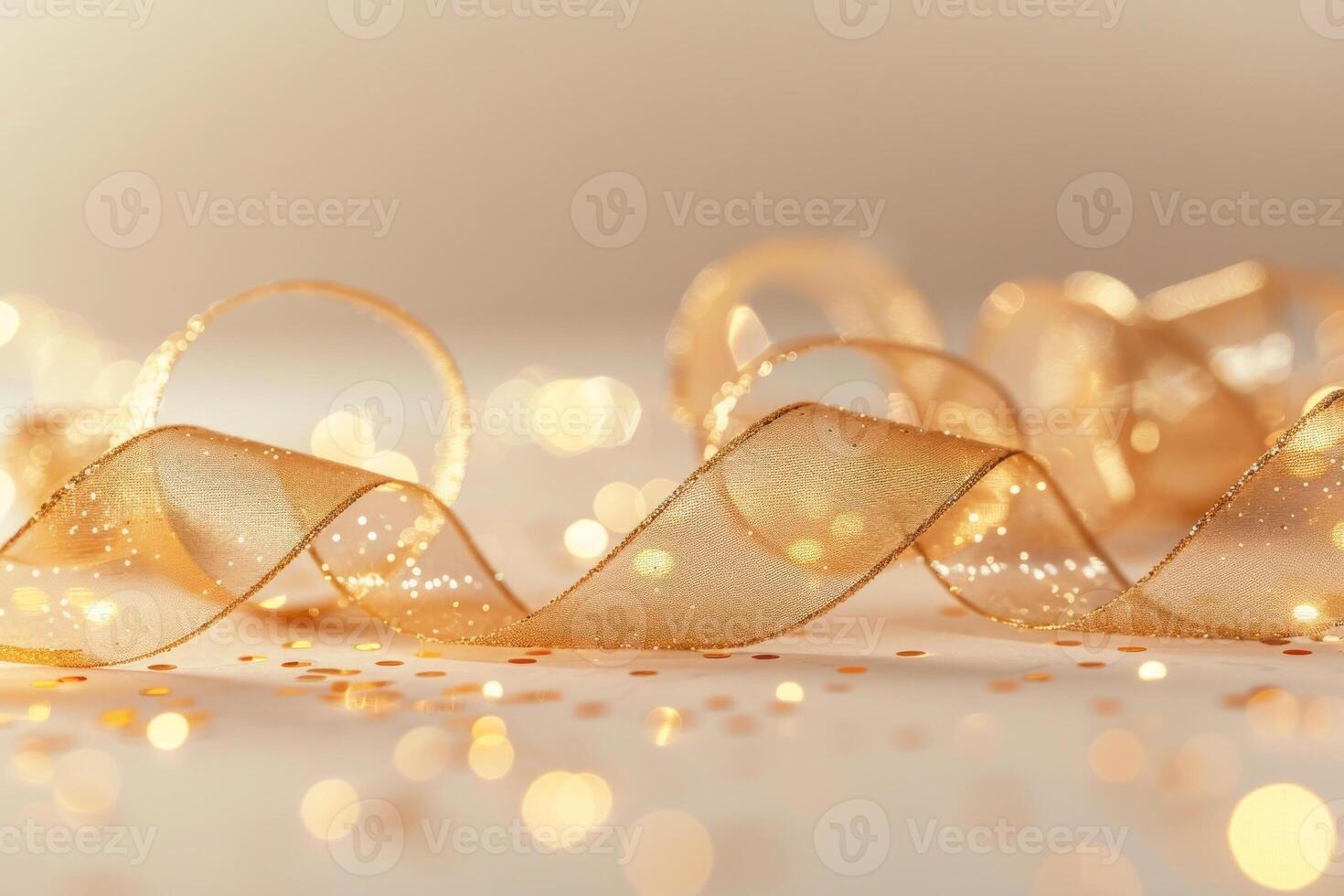 Golden festive ribbon with glitter and bokeh lights on blurred background photo