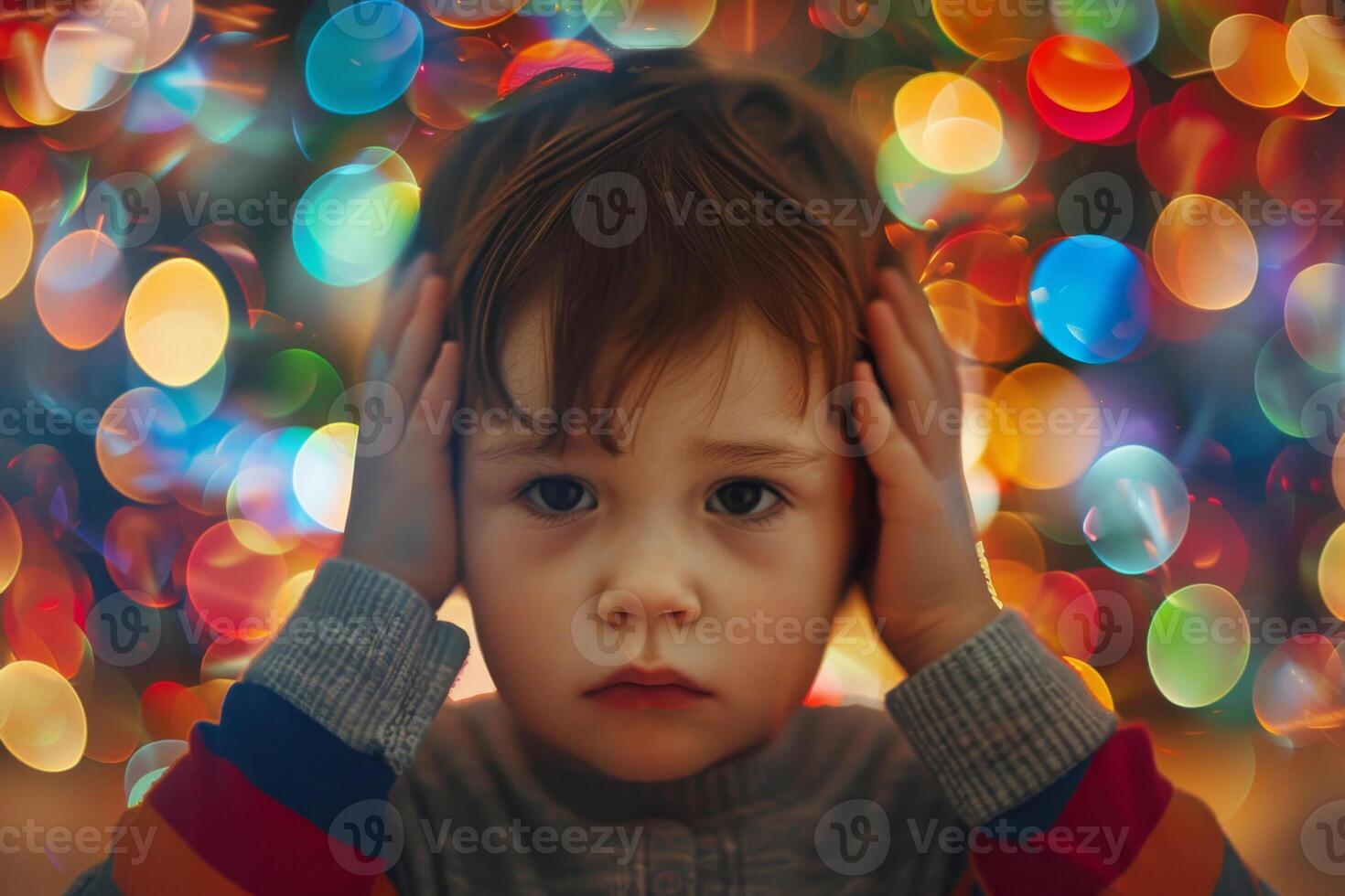 Stressed sad child covering ears with colorful bokeh lights in background photo