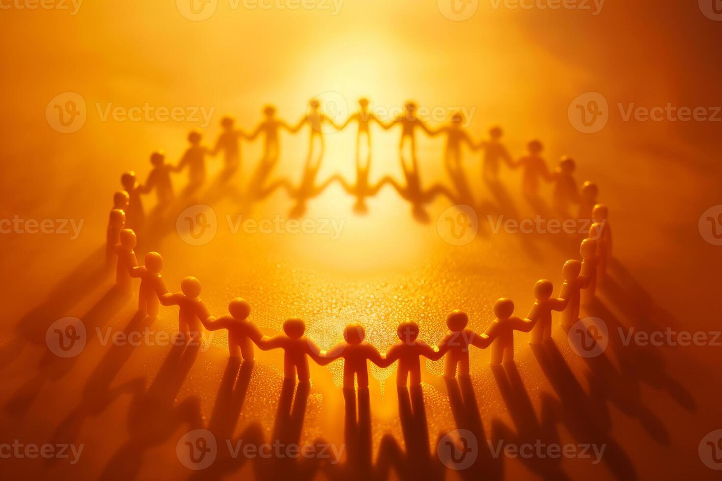 Silhouettes of paper cutout figures standing in circle, holding hands photo