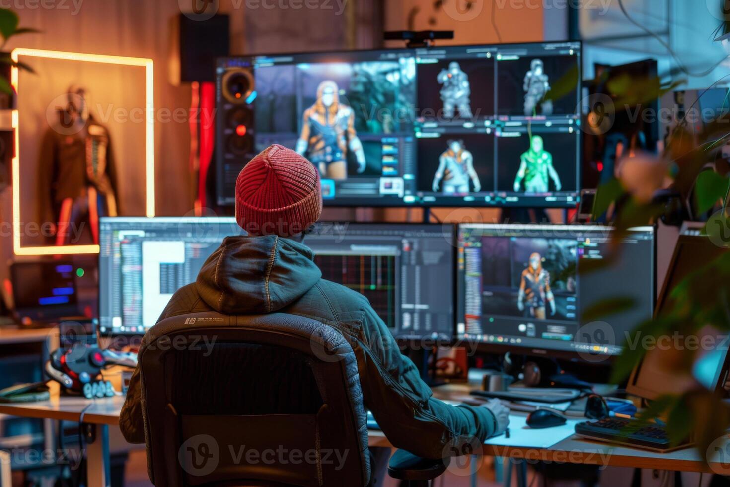 Game developer working on 3D character design in studio photo