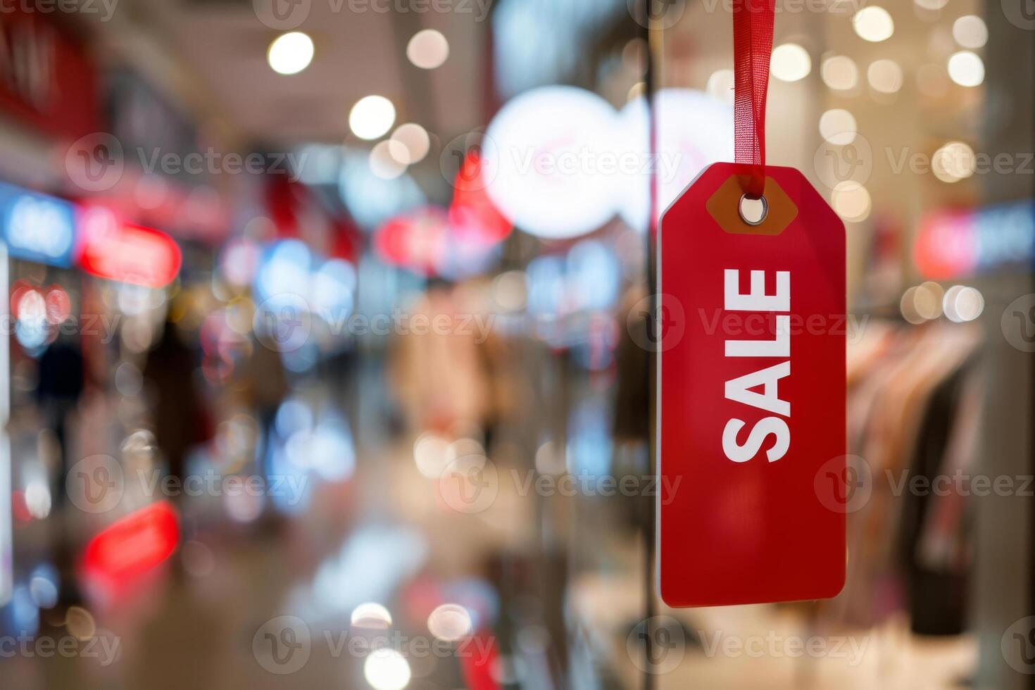Red sale tag on store window during shopping season photo