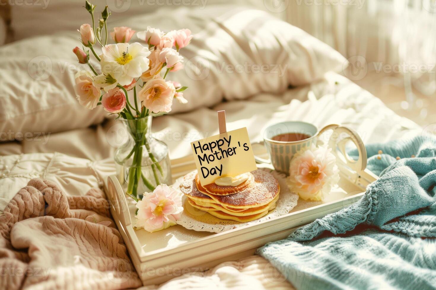 Mothers Day breakfast in bed with pancakes and flowers at morning photo