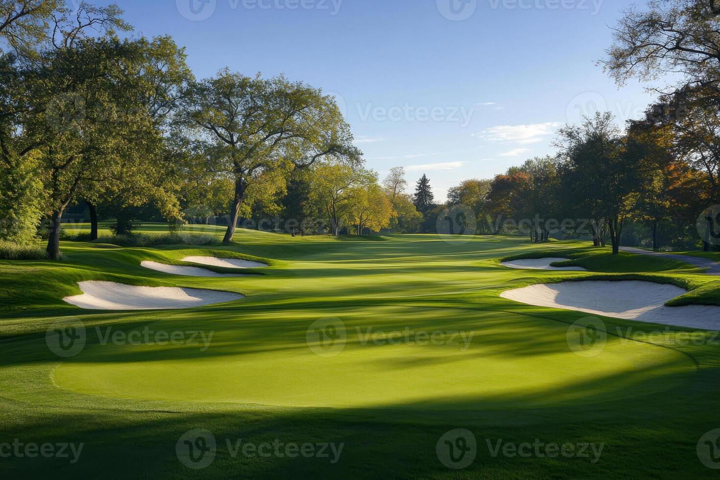 Golf Course with Lush Green Fairway and Sand Bunkers photo