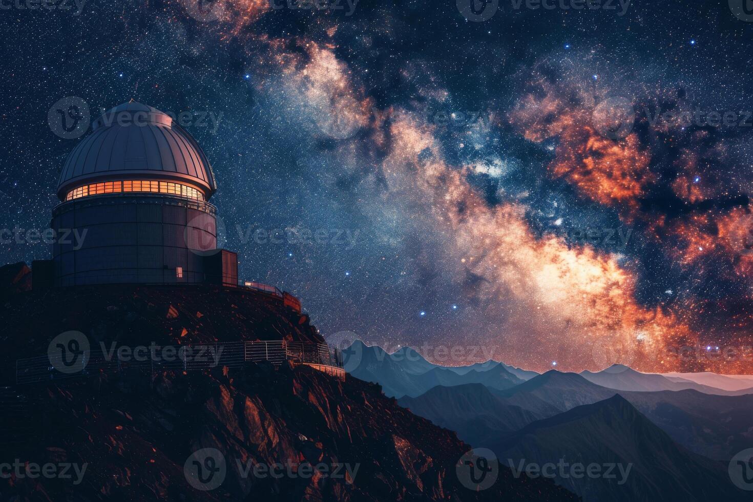 Astronomical observatory under starry sky and vibrant galaxyy photo