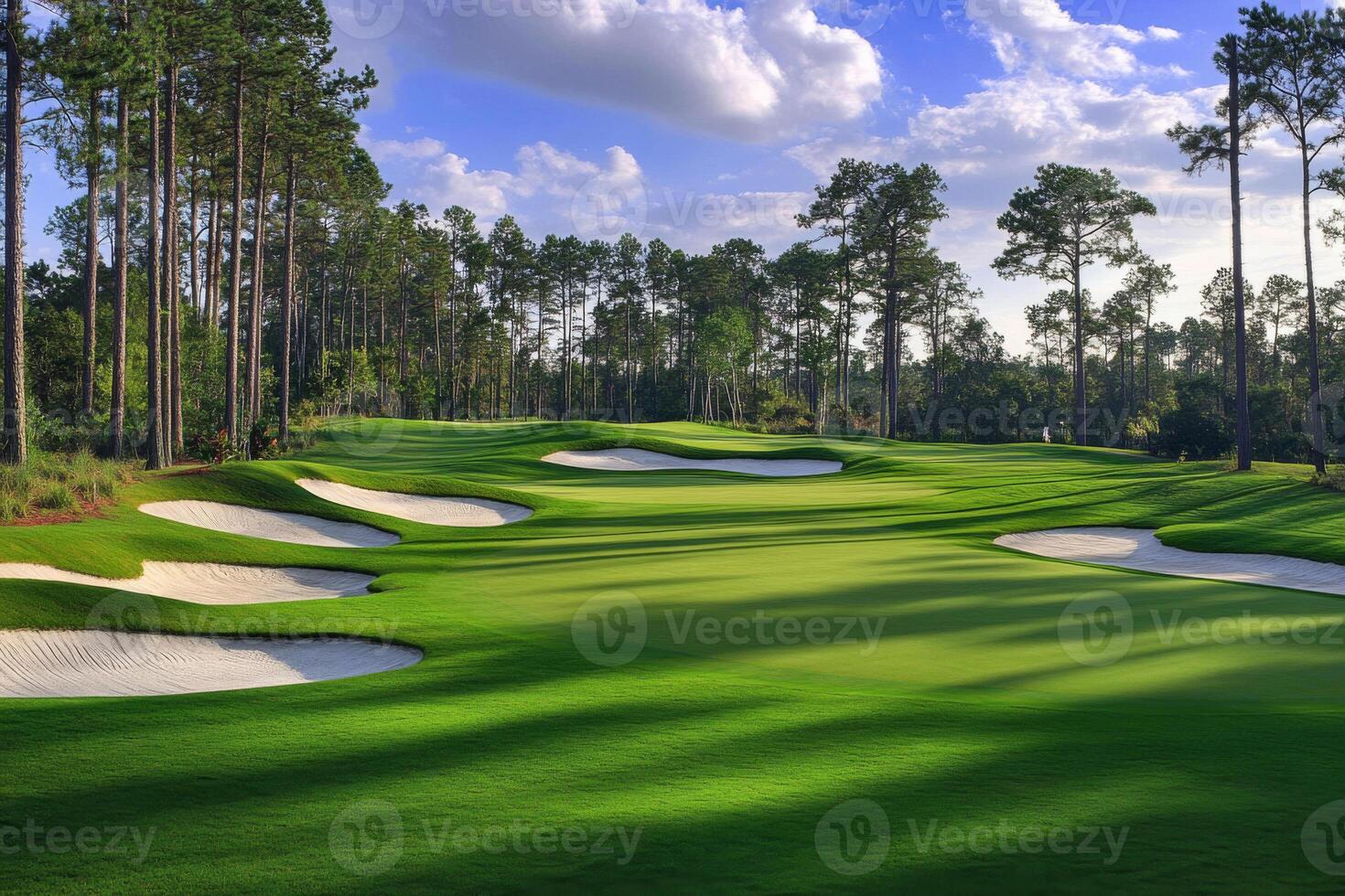 Golf Course with Lush Green Fairway and Sand Bunkers on Sunny Day photo