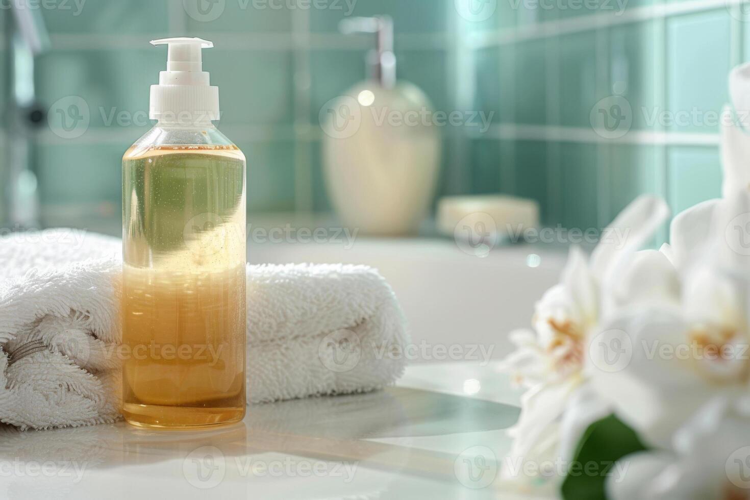 Bottle of pet shampoo and white towel on bathroom counter photo