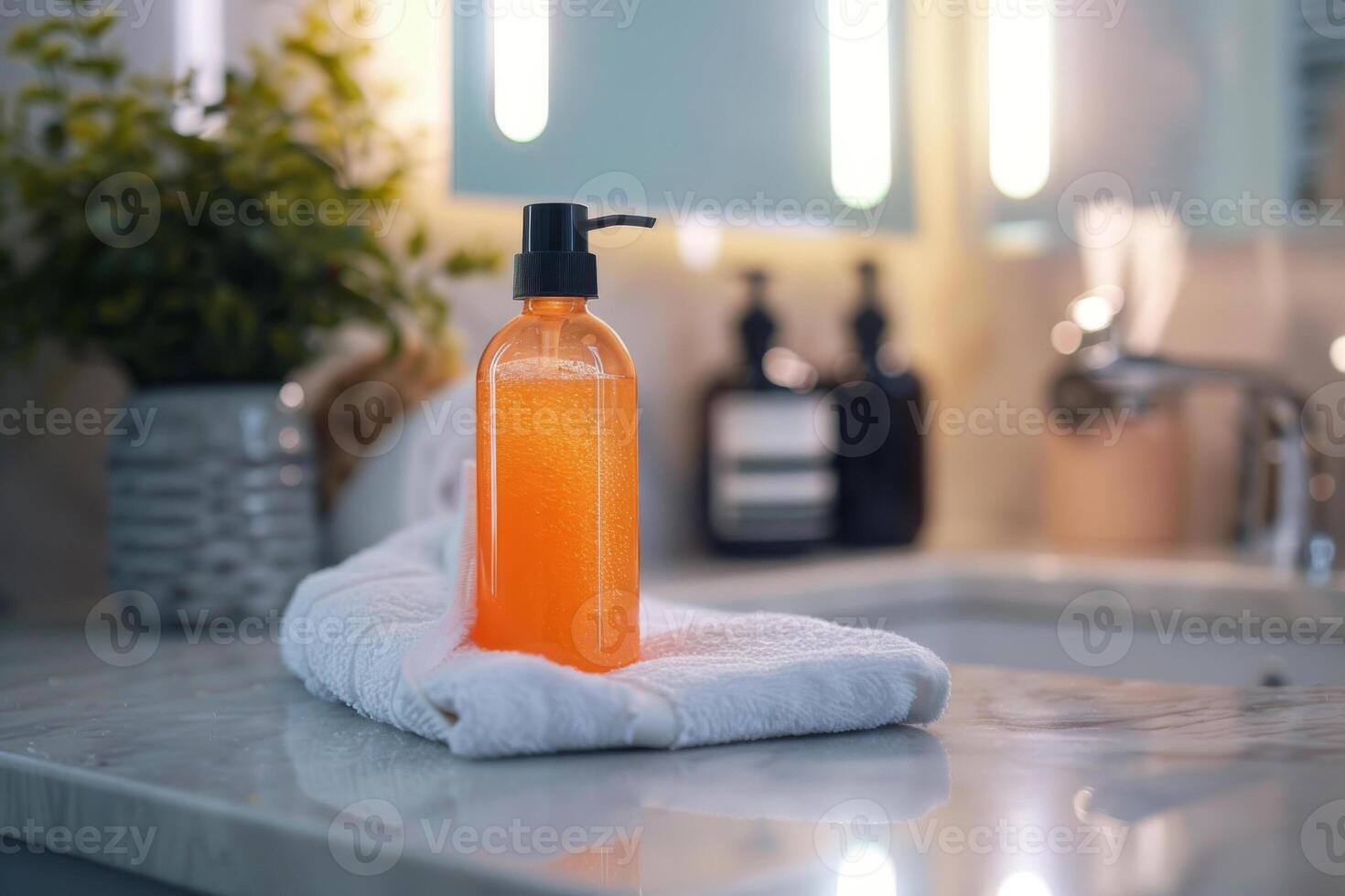 Pet shampoo bottle with towel in bathroom photo