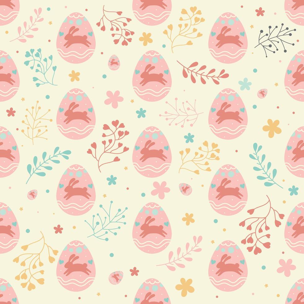 Easter egg seamless pattern, pink egg with pink rabbit, plant decoration vector